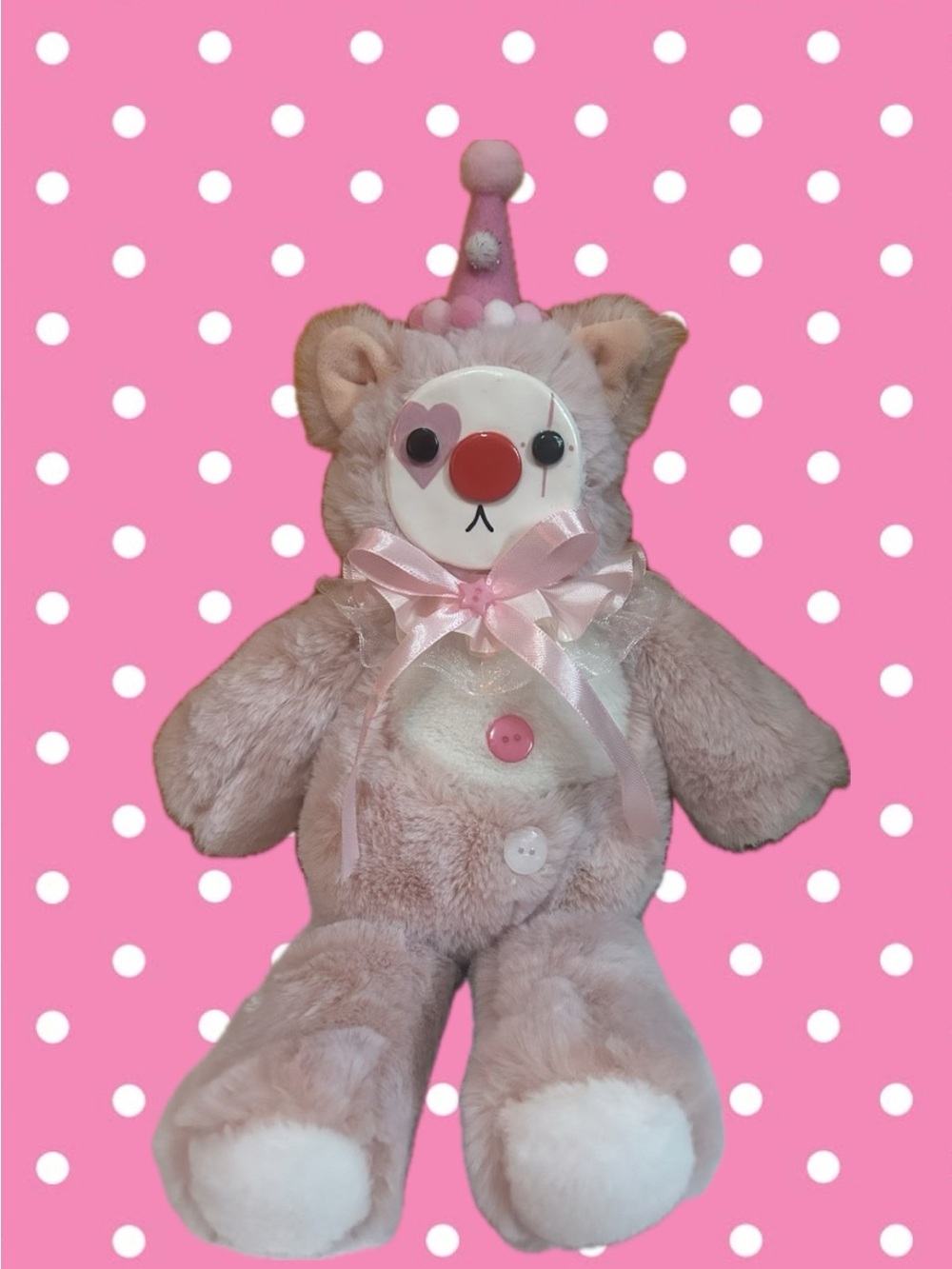 Plush Pink Clown Bear Stuffed Animal with Ribbon Accent